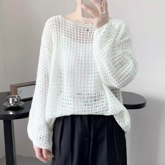 NEW Open Knit Sweater Sz L White Wool Blend Soft Fluffy Boho Minimalist - Picture 10 of 11